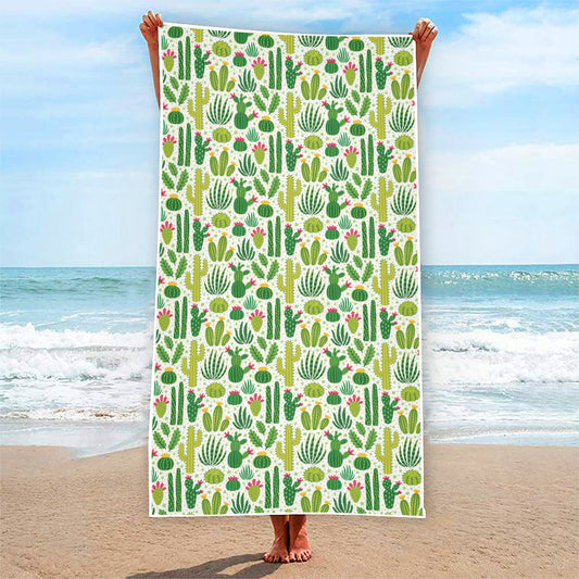 White Cactus Plant Pattern Print Beach Towel