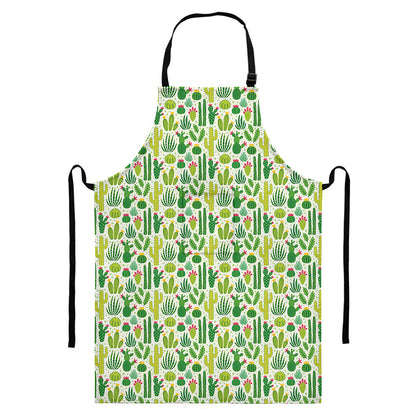 White Cactus Plant Pattern Print Bib Apron With Pocket