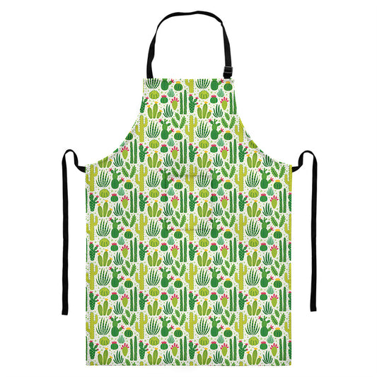 White Cactus Plant Pattern Print Bib Apron With Pocket