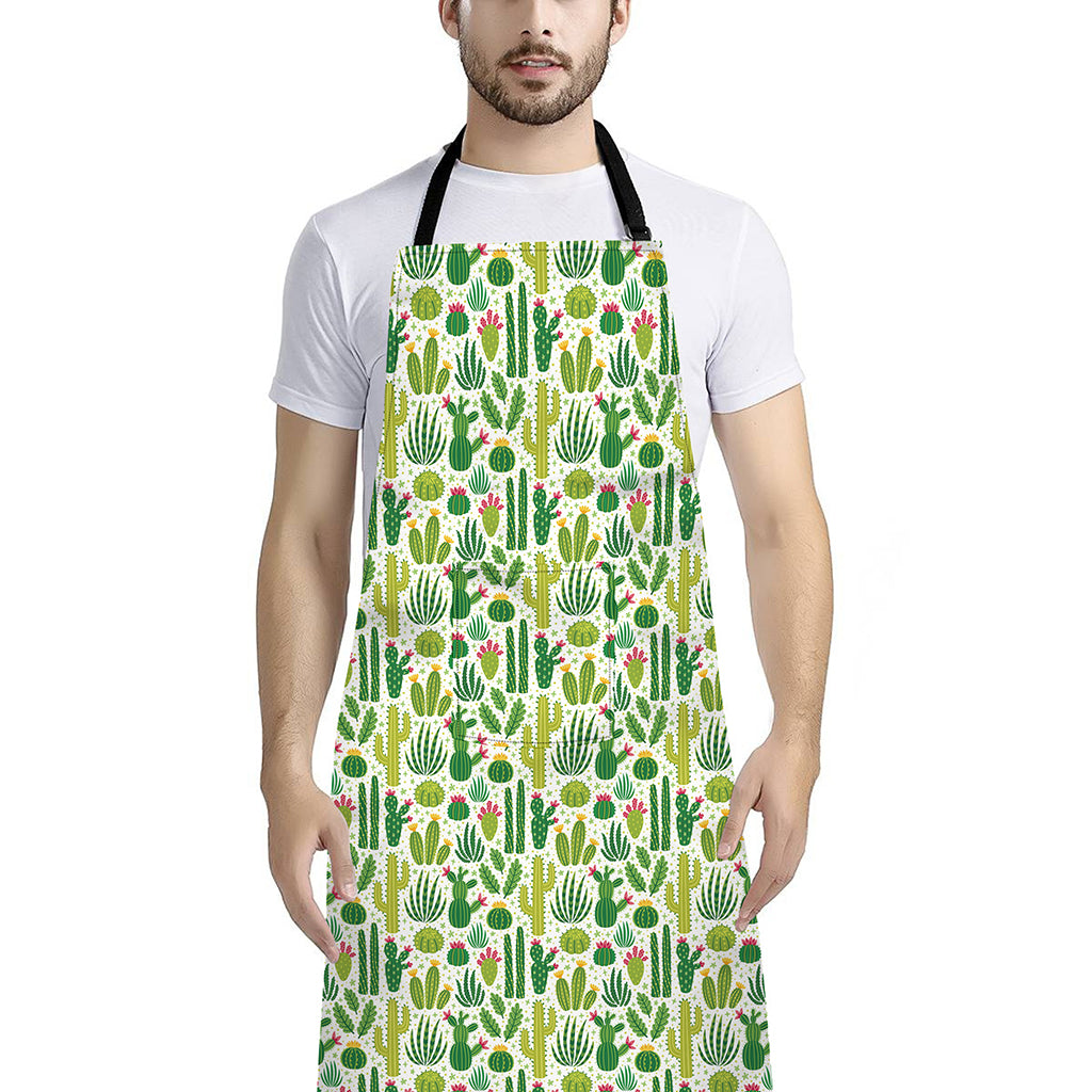 White Cactus Plant Pattern Print Bib Apron With Pocket