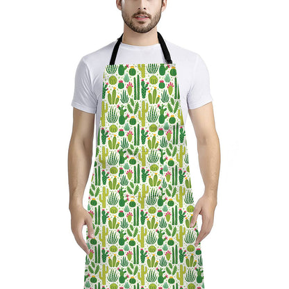 White Cactus Plant Pattern Print Bib Apron With Pocket