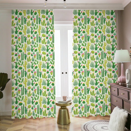 White Cactus Plant Pattern Print Blackout Pencil Pleat Curtains