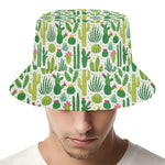 White Cactus Plant Pattern Print Bucket Hat