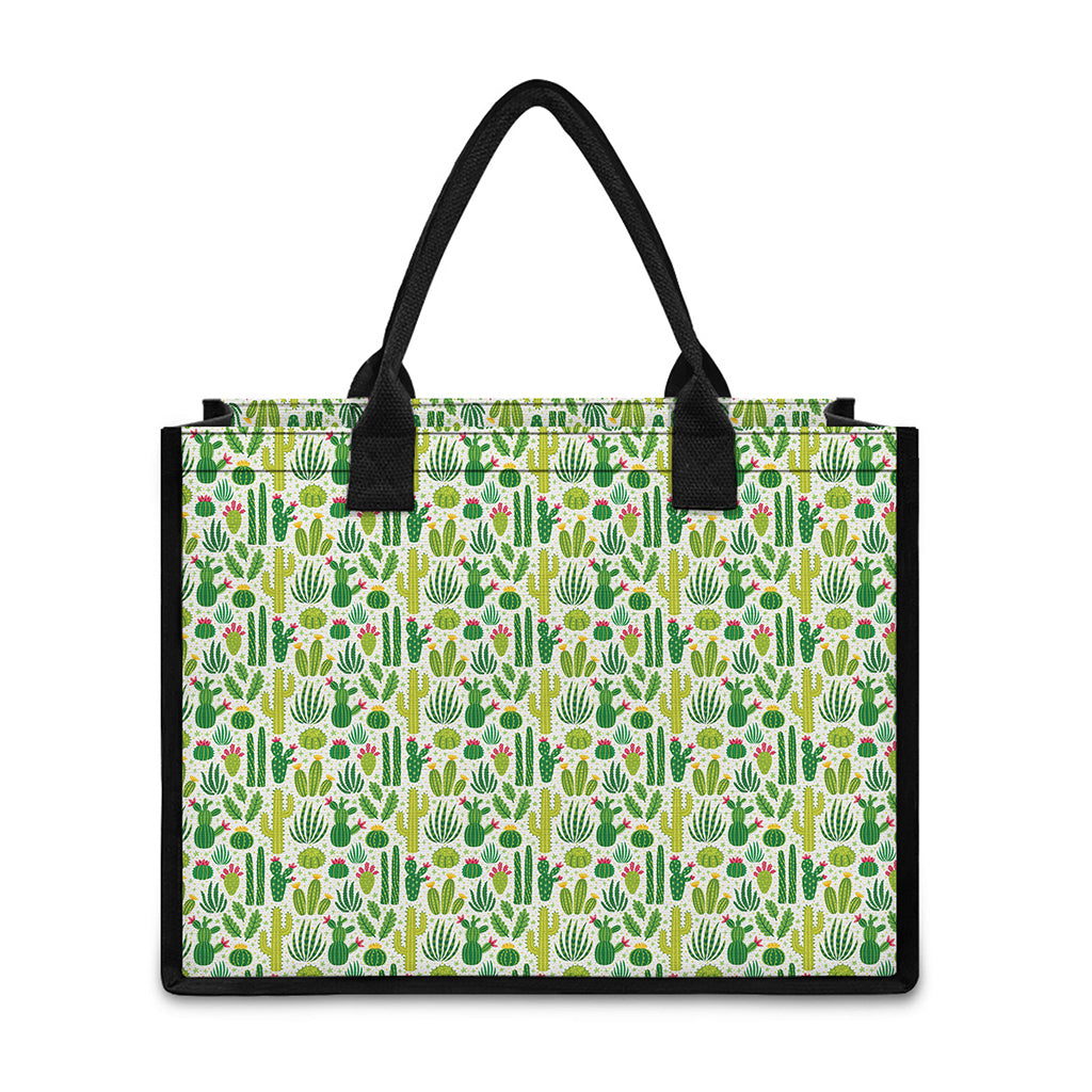 White Cactus Plant Pattern Print Canvas Tote Bag