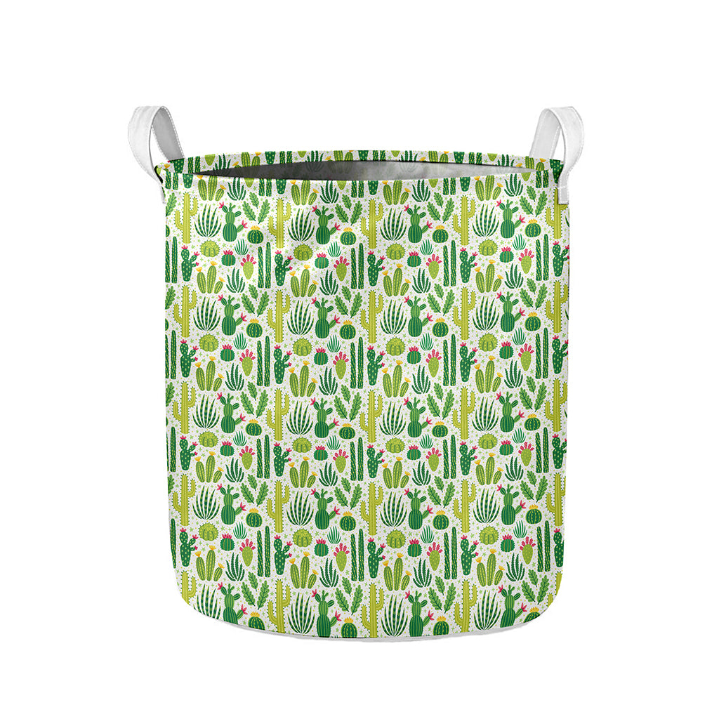 White Cactus Plant Pattern Print Collapsible Laundry Basket