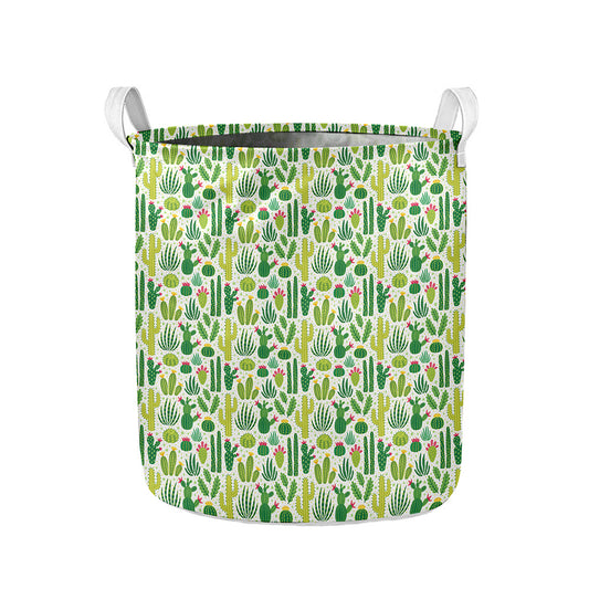 White Cactus Plant Pattern Print Collapsible Laundry Basket