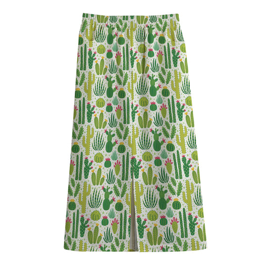 White Cactus Plant Pattern Print Cotton Front Slit Maxi Skirt