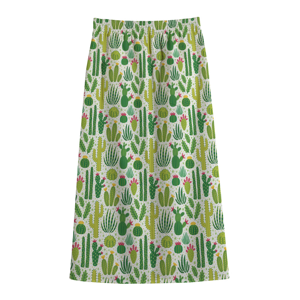 White Cactus Plant Pattern Print Cotton Front Slit Maxi Skirt