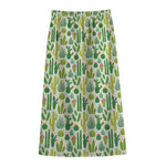 White Cactus Plant Pattern Print Cotton Front Slit Maxi Skirt