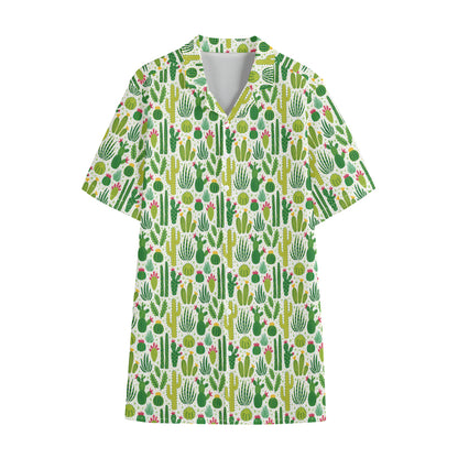 White Cactus Plant Pattern Print Cotton Hawaiian Shirt