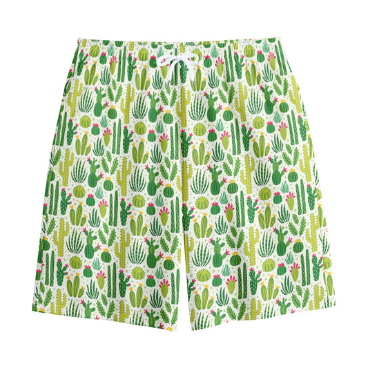 White Cactus Plant Pattern Print Cotton Shorts