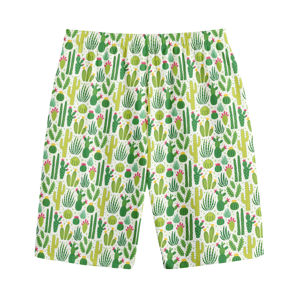 White Cactus Plant Pattern Print Cotton Shorts