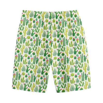 White Cactus Plant Pattern Print Cotton Shorts