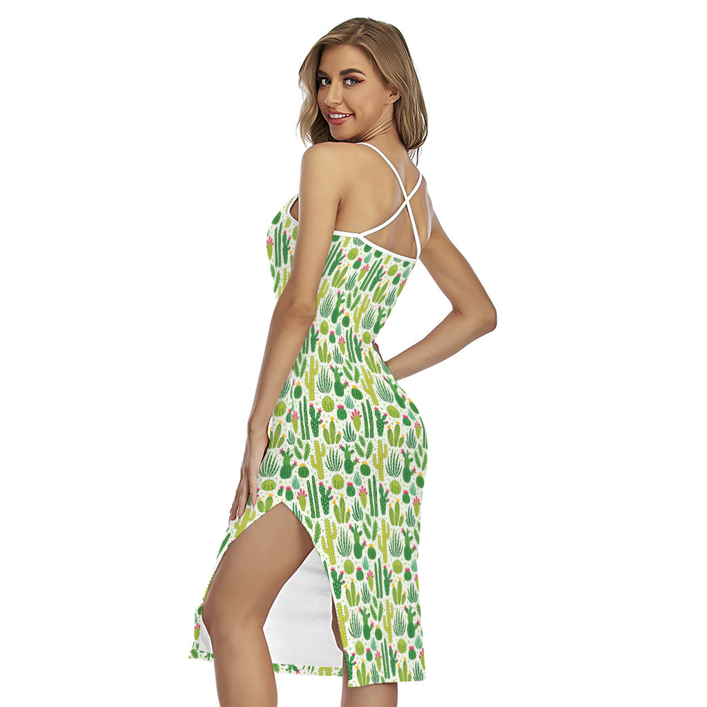 White Cactus Plant Pattern Print Cross Back Cami Dress