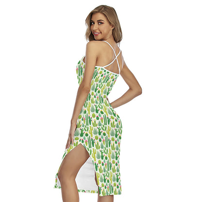 White Cactus Plant Pattern Print Cross Back Cami Dress