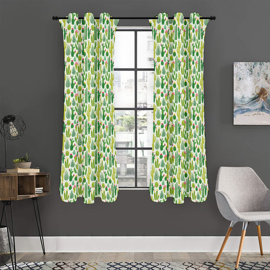 White Cactus Plant Pattern Print Curtain