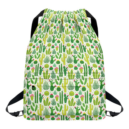 White Cactus Plant Pattern Print Drawstring Backpack