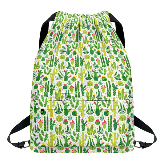 White Cactus Plant Pattern Print Drawstring Backpack