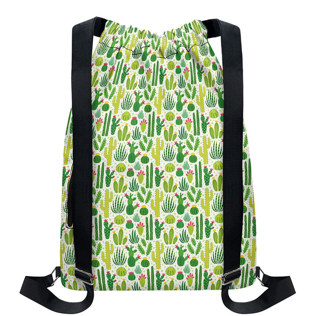 White Cactus Plant Pattern Print Drawstring Backpack