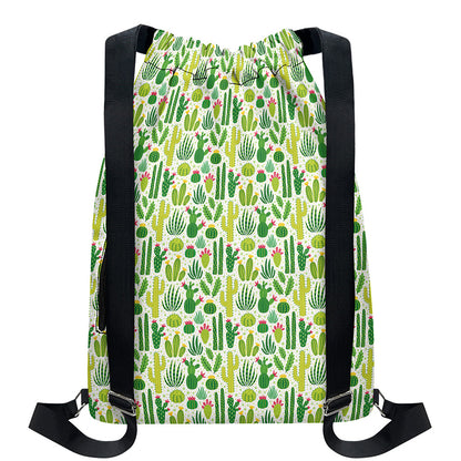 White Cactus Plant Pattern Print Drawstring Backpack