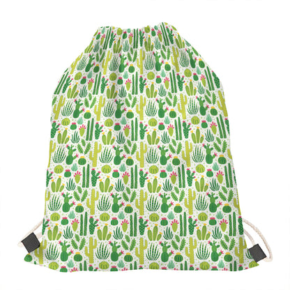 White Cactus Plant Pattern Print Drawstring Bag
