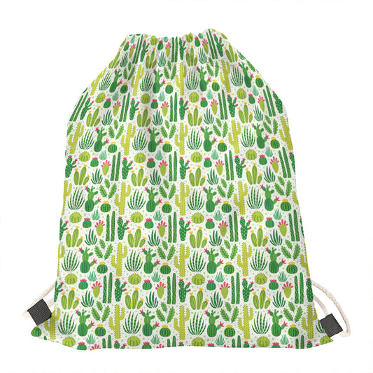 White Cactus Plant Pattern Print Drawstring Bag