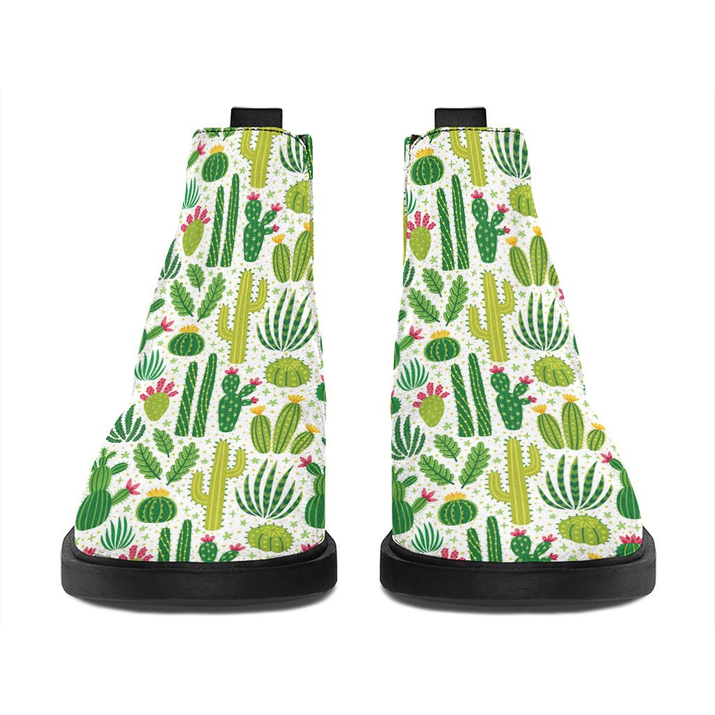 White Cactus Plant Pattern Print Flat Ankle Boots