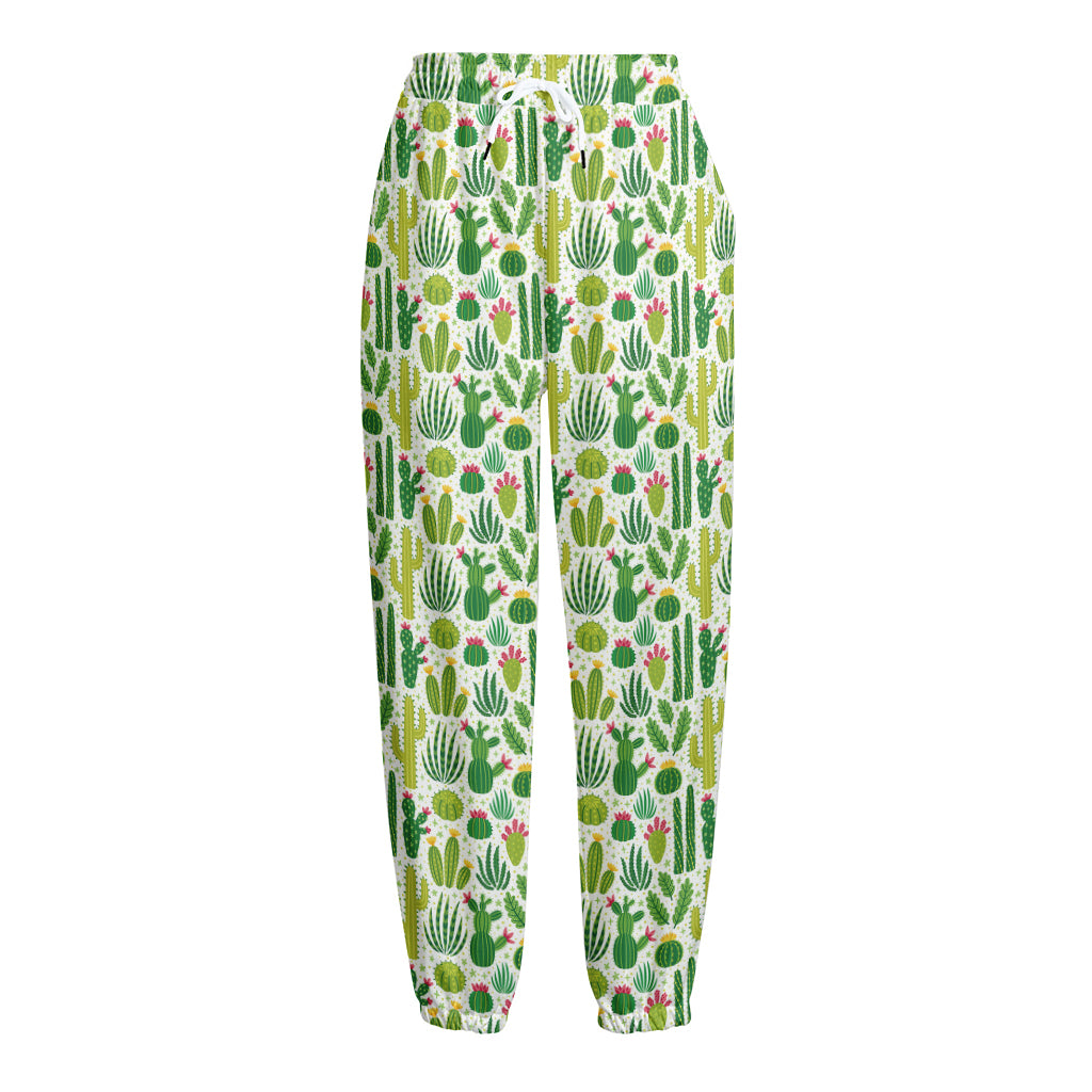 White Cactus Plant Pattern Print Fleece Lined Knit Pants