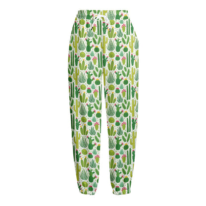 White Cactus Plant Pattern Print Fleece Lined Knit Pants