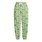 White Cactus Plant Pattern Print Fleece Lined Knit Pants