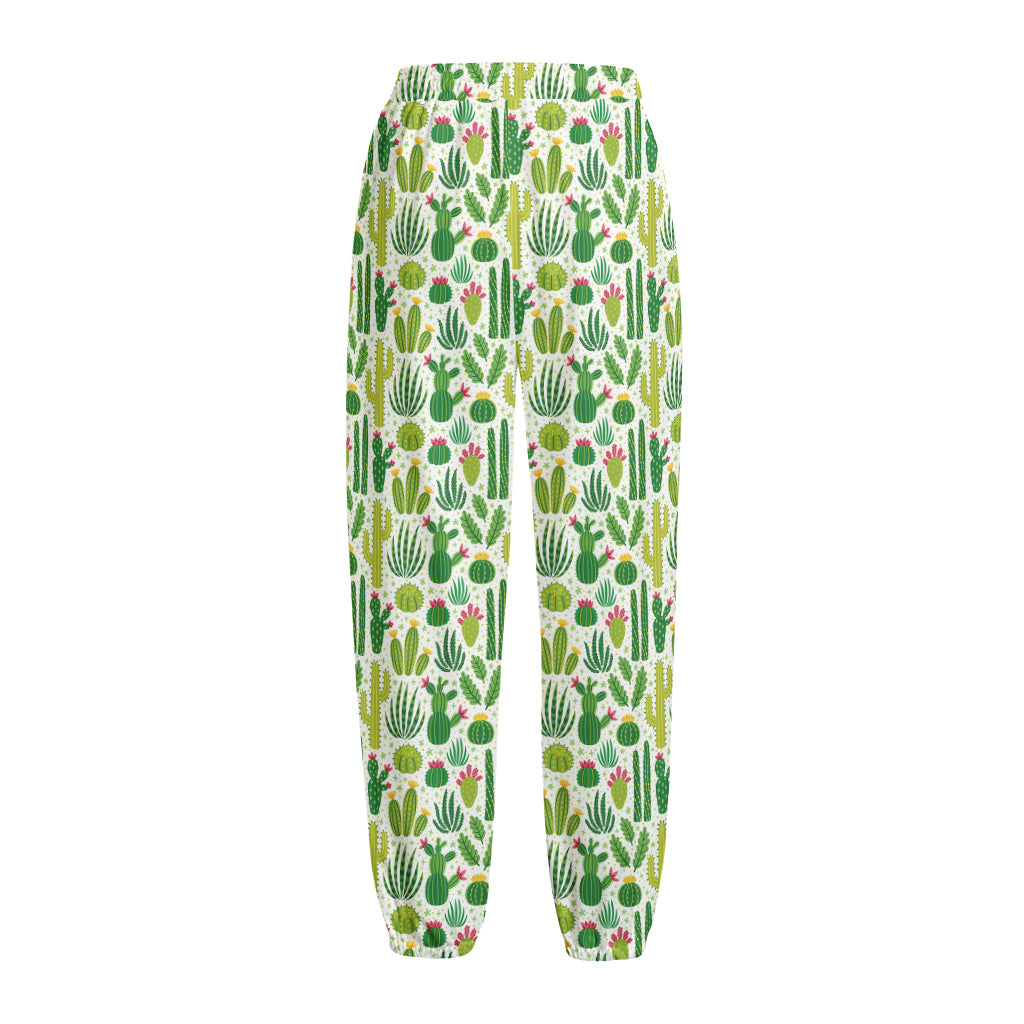 White Cactus Plant Pattern Print Fleece Lined Knit Pants