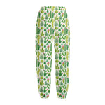 White Cactus Plant Pattern Print Fleece Lined Knit Pants