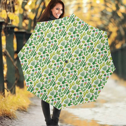 White Cactus Plant Pattern Print Foldable Umbrella
