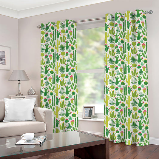 White Cactus Plant Pattern Print Grommet Curtains