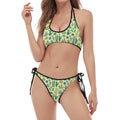 White Cactus Plant Pattern Print Halter Scoop Tie Side Bikini
