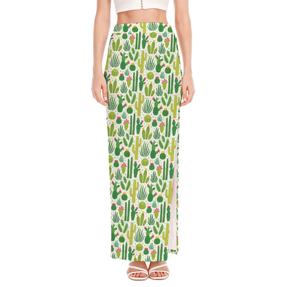 White Cactus Plant Pattern Print High Slit Maxi Skirt