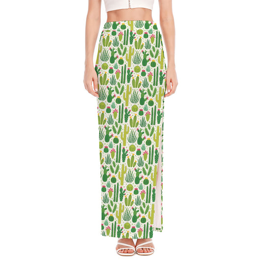 White Cactus Plant Pattern Print High Slit Maxi Skirt