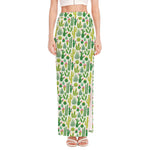 White Cactus Plant Pattern Print High Slit Maxi Skirt