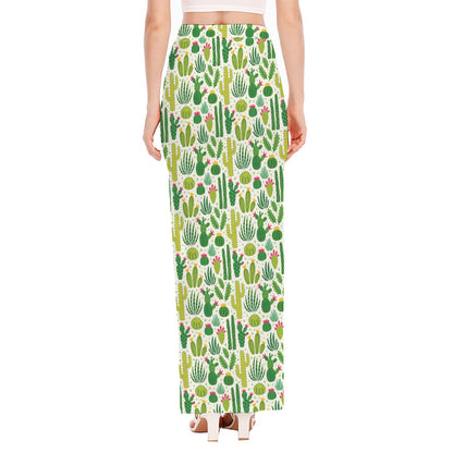 White Cactus Plant Pattern Print High Slit Maxi Skirt