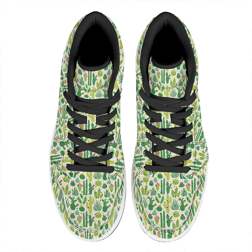White Cactus Plant Pattern Print High Top Leather Sneakers