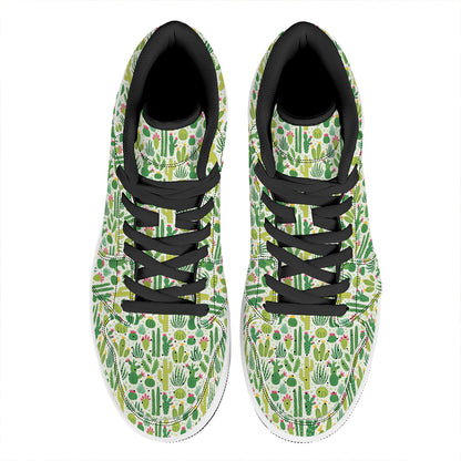 White Cactus Plant Pattern Print High Top Leather Sneakers