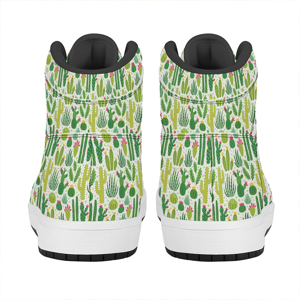 White Cactus Plant Pattern Print High Top Leather Sneakers