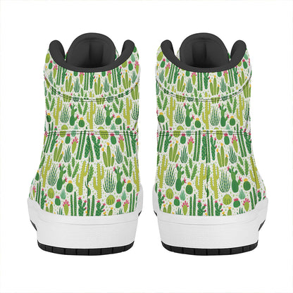 White Cactus Plant Pattern Print High Top Leather Sneakers