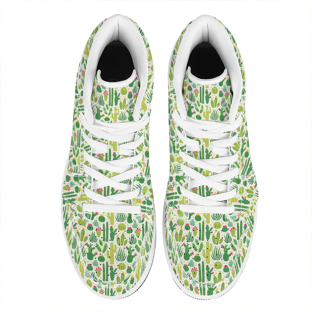 White Cactus Plant Pattern Print High Top Leather Sneakers