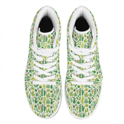 White Cactus Plant Pattern Print High Top Leather Sneakers