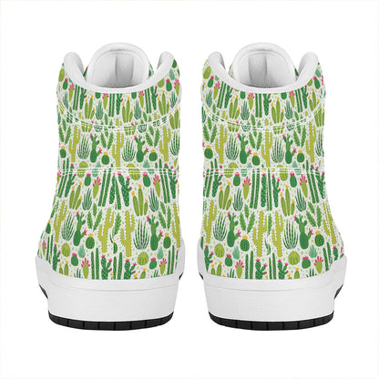 White Cactus Plant Pattern Print High Top Leather Sneakers