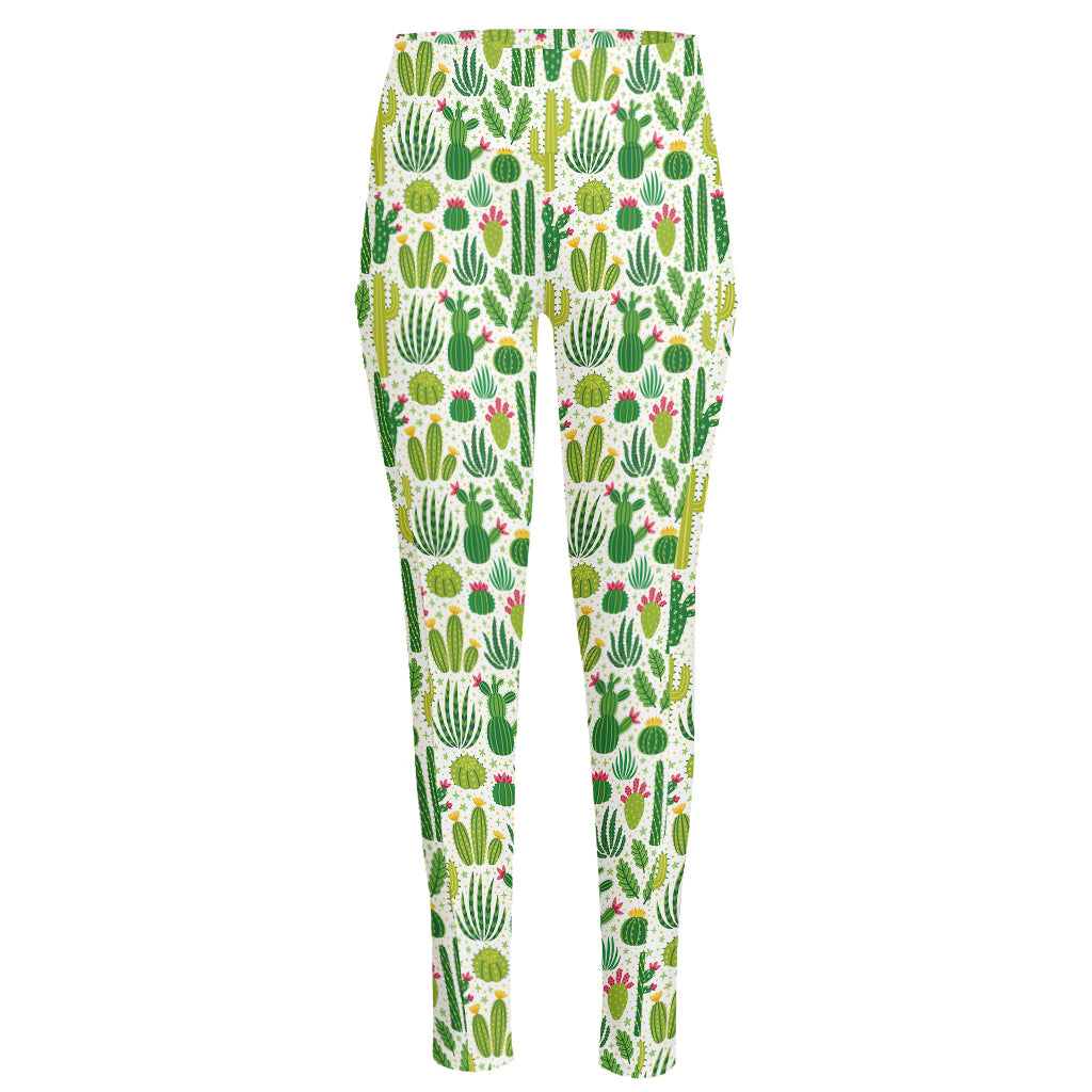 White Cactus Plant Pattern Print High-Waisted Pocket Leggings
