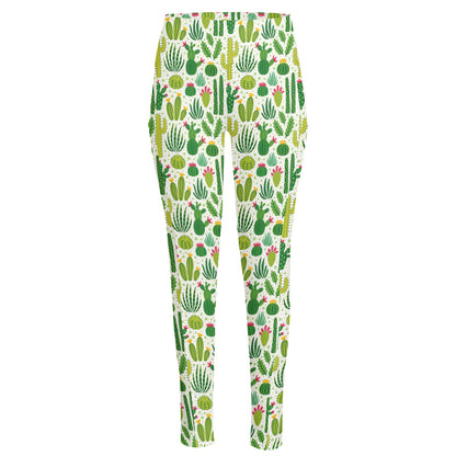 White Cactus Plant Pattern Print High-Waisted Pocket Leggings
