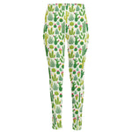 White Cactus Plant Pattern Print High-Waisted Pocket Leggings