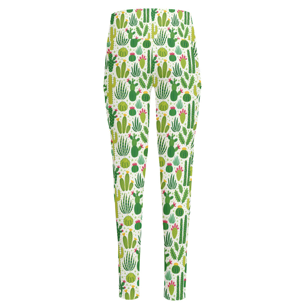 White Cactus Plant Pattern Print High-Waisted Pocket Leggings